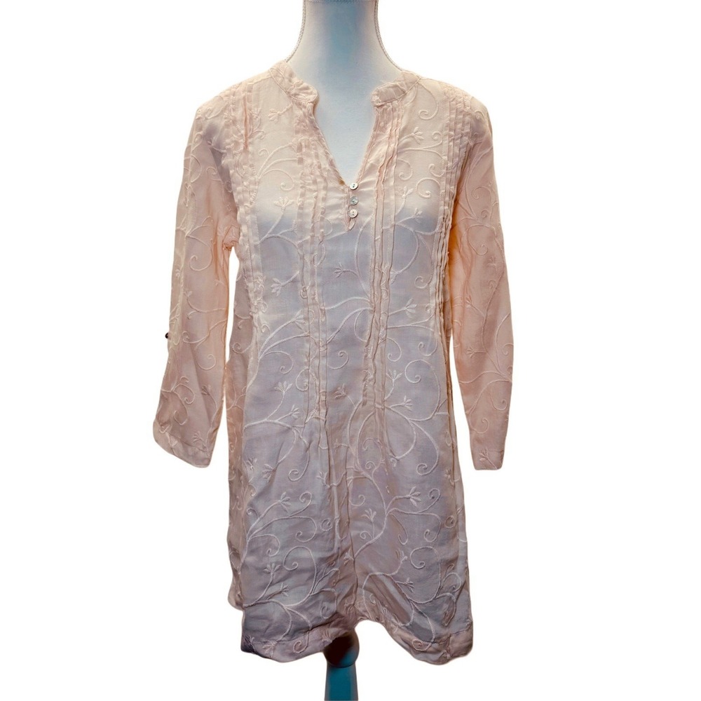 Marina Luna 100% Linen Embroidered Tunic/Split V-neck/ Pastel Peach/ Boho‎ Sm